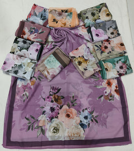 Light Purple with Dark Purple Outline and Floral Design Viscose Scarf