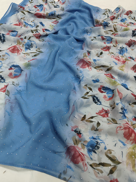 Light Blue with Floral Stripe Design Viscose Scarf