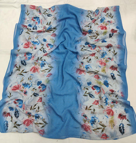 Light Blue with Floral Stripe Design Viscose Scarf