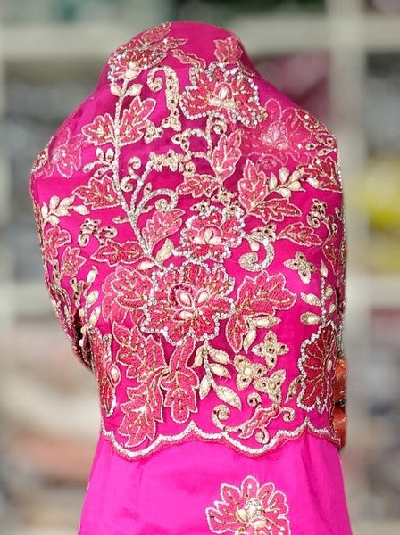 Fuchsia Pink Laser Cut Border Design Beaded George Wrappers Bridal Women Dresses Fabric