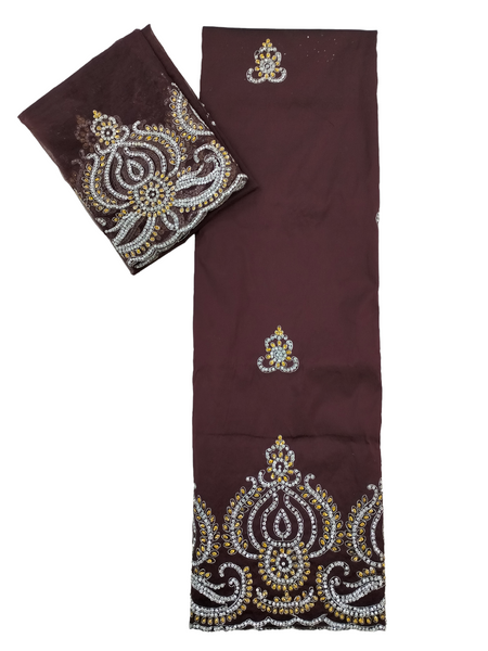 Dark Brown Raw Silk Fabric With Net Lace Blouse Indian Stone Beaded Nigerian George Wrappers