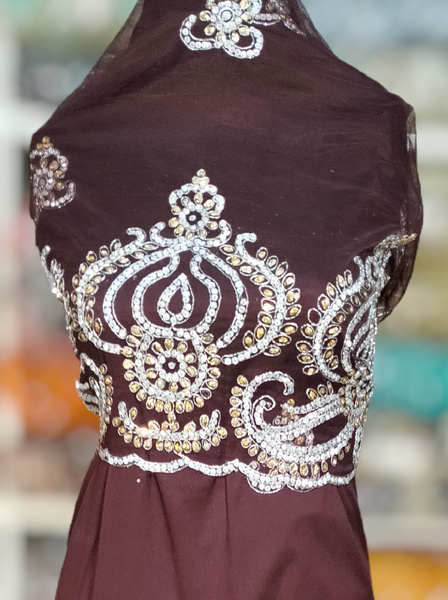 Dark Brown Raw Silk Fabric With Net Lace Blouse Indian Stone Beaded Nigerian George Wrappers