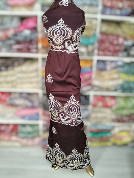 Dark Brown Raw Silk Fabric With Net Lace Blouse Indian Stone Beaded Nigerian George Wrappers