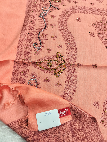 Orangish-Pink Background with Orange-Pink Design Pashmina Shawl Available in Darkest Blue, Fluorescent Red, Fuchsia Pink, Black, Blue-Gray, Maroon, Yellow, Pink, Red, Beige-Green, Darker Blue, and Dark Purple