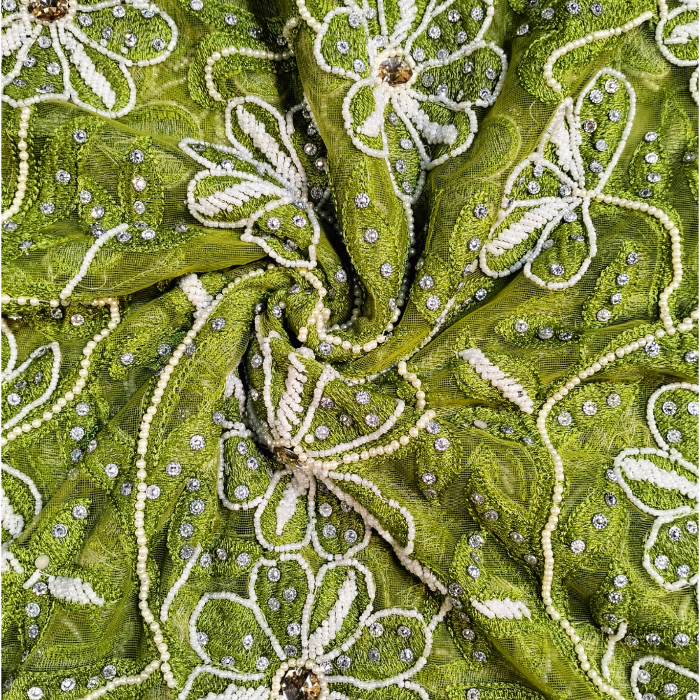 Green Mesh Net Lace Fabric With Stone Beaded For Party Dress