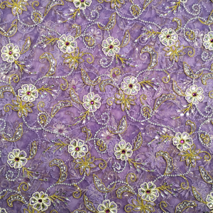 Lilac Color Mesh Net Lace Fabric With Floral Design And Stone Beaded Fabric For Dress