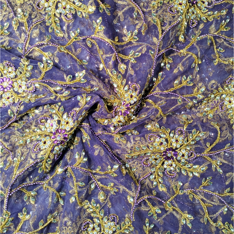 High Quality Purple Mesh Net Lace Fabric With Embroidery And Stone Beaded Lace Fabric