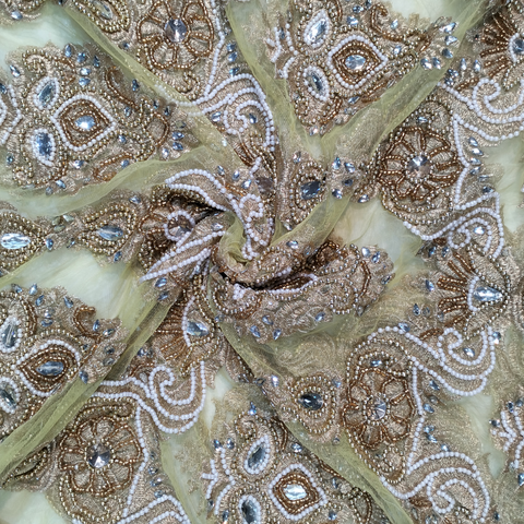 Best Quality Stone Beaded Yellow Net Lace Fabric With Embroidery And Floral Design