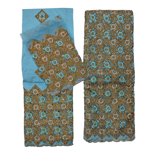 Sky Blue Raw Silk George Fabric With Cut work Design And High Quality Golden Stone Beaded Wrapper