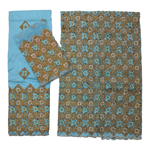 Sky Blue Raw Silk George Fabric With Cut work Design And High Quality Golden Stone Beaded Wrapper