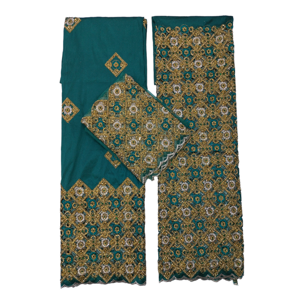 Cut Work Raw Silk Golden Stone Beaded Green George Wrapper Fabric For Women Dress Fabric