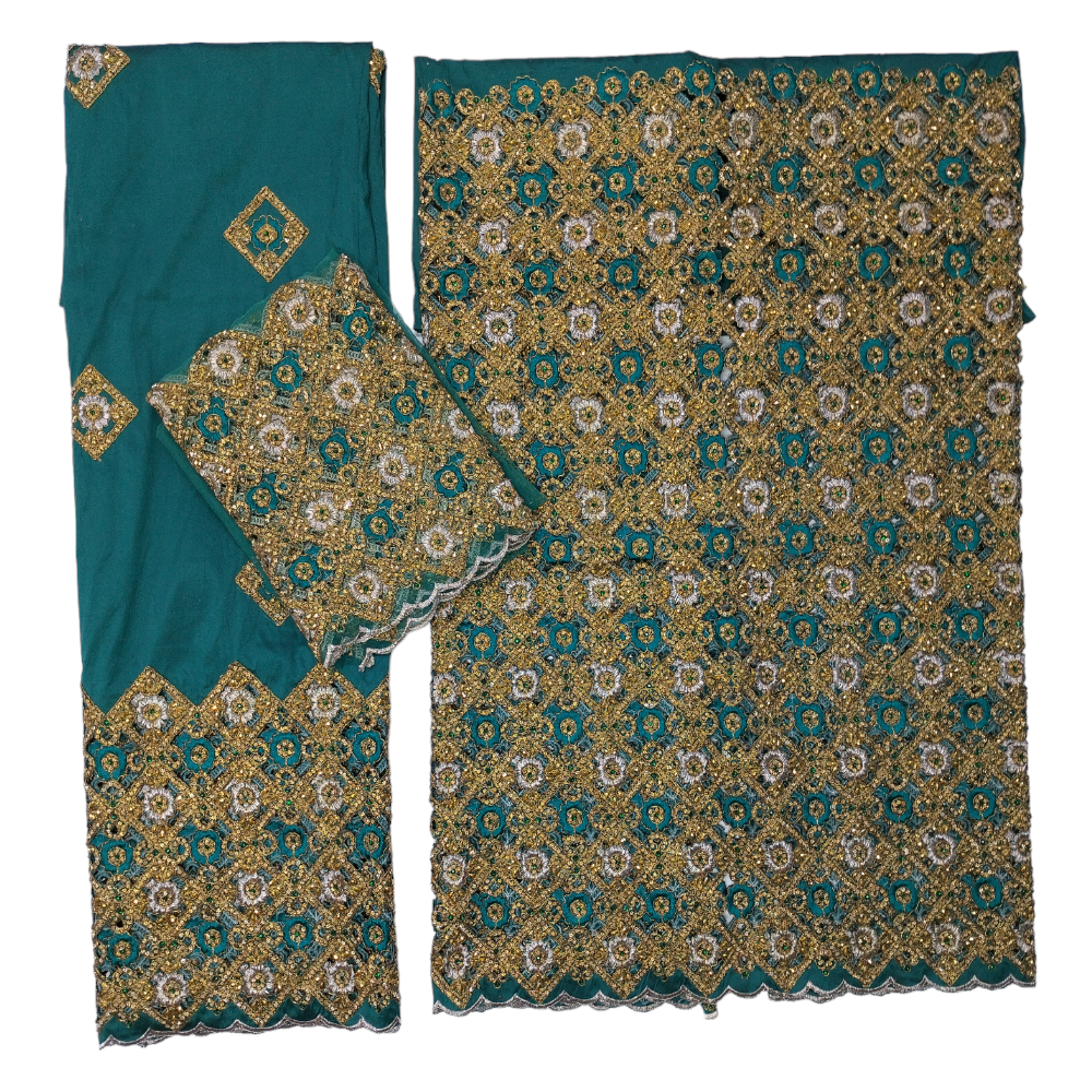 Cut Work Raw Silk Golden Stone Beaded Green George Wrapper Fabric For Women Dress Fabric