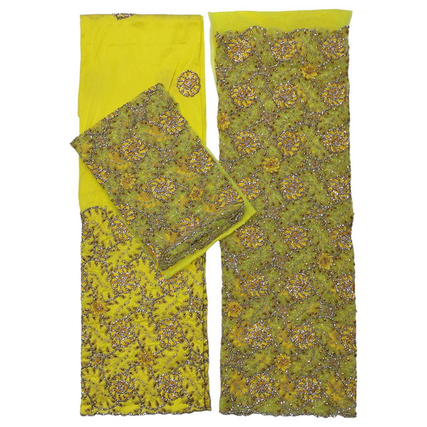 Yellow Raw Silk George Fabric With Golden Embroidery And Silver Stone Work Wrapper