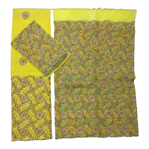 Yellow Raw Silk George Fabric With Golden Embroidery And Silver Stone Work Wrapper