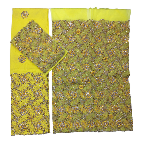 Yellow Raw Silk George Fabric With Golden Embroidery And Silver Stone Work Wrapper