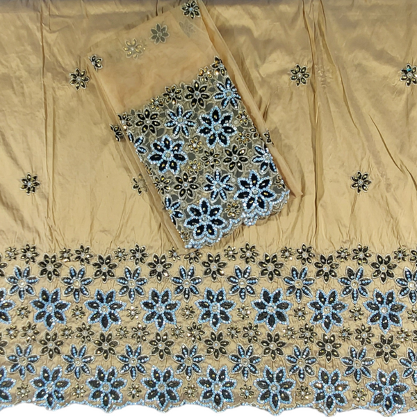 African Raw Silk George Wrapper With Floral Design Embroidery And Stone Beaded George