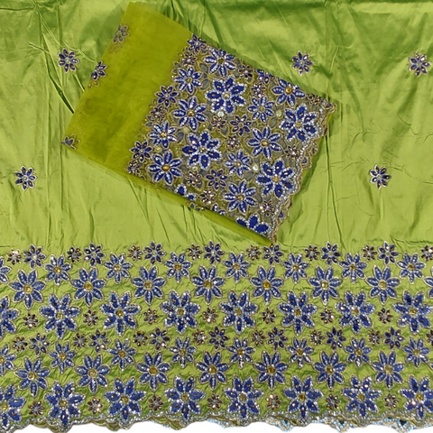 Super Quality African Raw Silk George Wrapper With Floral Design Embroidery And Stone Beaded Wrapper