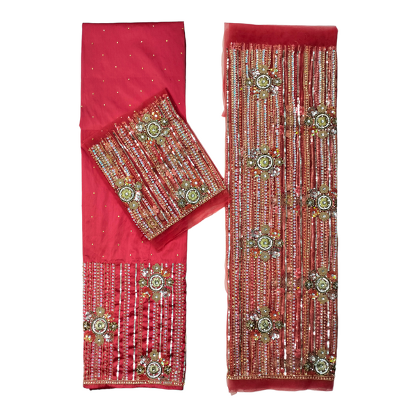 Festive Red With Heavy Sequins Stone Beaded For UK Designer Nigerian George Wrapper Set