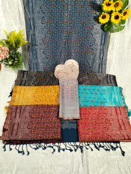 Multicolor on Darker Blue Background Pashmina Shawl Available in Black, Black, Yellow, Light Blue, Dark Red, Red, and Off-White