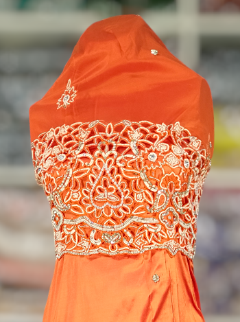 Burnt Orange Raw Silk Indian Hand Stone Beaded Bridal George Fabric Wrappers For Women