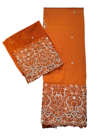 Burnt Orange Raw Silk Indian Hand Stone Beaded Bridal George Fabric Wrappers For Women