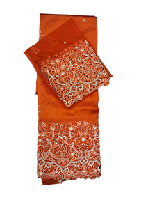 Burnt Orange Raw Silk Indian Hand Stone Beaded Bridal George Fabric Wrappers For Women