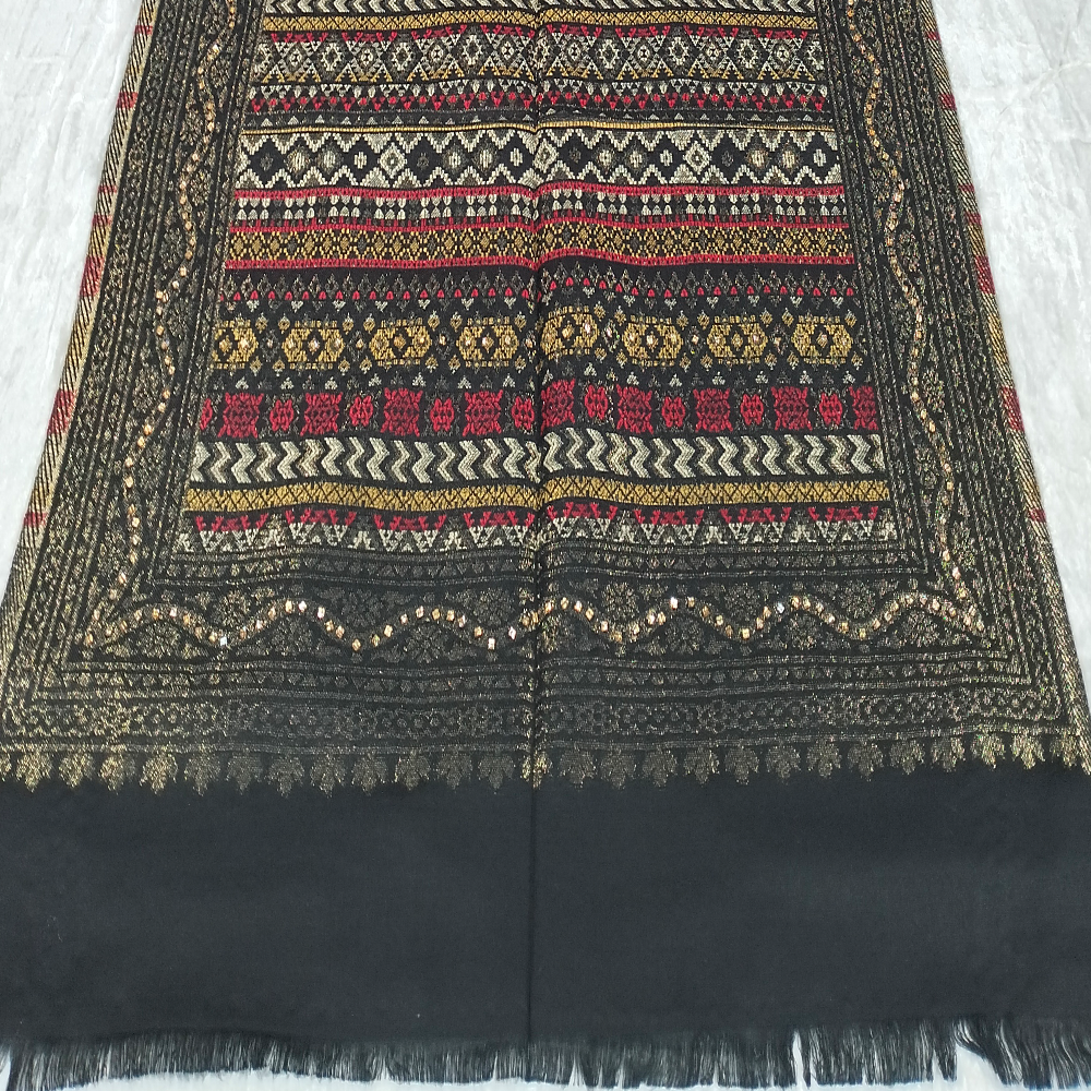 Multicolored Design with Darkest Green Background Pashmina Shawl Available in Blue-Green, Brown, Red, White, Violet-Pink, Light Blue, Pink, Gray, and Yellow