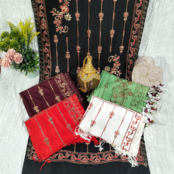 Pink Rectangle Design On Black Background Pashmina Shawl Available in Maroon, Green, Red, and White