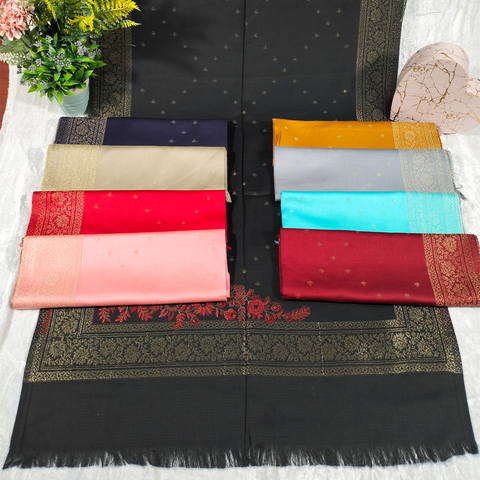 Gold Design on Black Background Pashmina Shawl Available in Darkest Purple, Orange, Beige-Blue-Gray, Red, Light Blue, Pink, and Dark Red