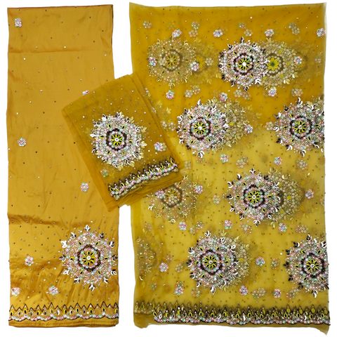 New Fashion Gold Raw Silk Fabric Floral Design Nigerian VIP Women Wedding Wrappers Fabric
