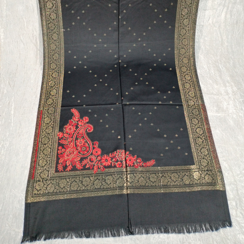 Red and Gold Design on Black Background Pashmina Shawl Available in Darkest Purple, Orange, Beige-Blue-Gray, Red, Light Blue, Pink, and Dark Red