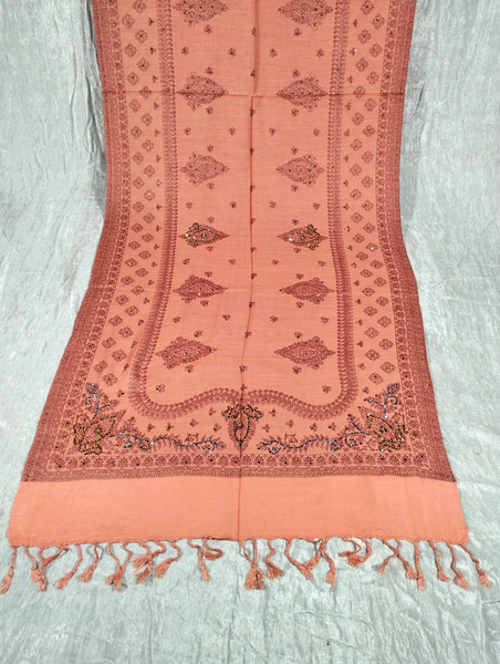 Orangish-Pink Background with Orange-Pink Design Pashmina Shawl Available in Darkest Blue, Fluorescent Red, Fuchsia Pink, Black, Blue-Gray, Maroon, Yellow, Pink, Red, Beige-Green, Darker Blue, and Dark Purple