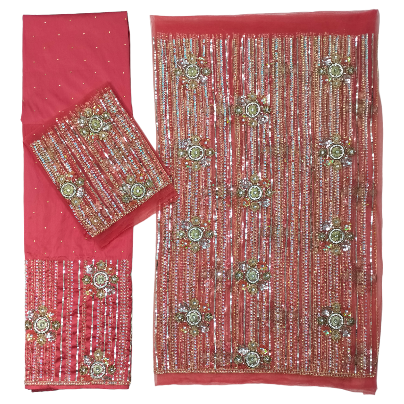 Festive Red With Heavy Sequins Stone Beaded For UK Designer Nigerian George Wrapper Set