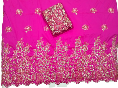 Fuchsia Pink Laser Cut Border Design Beaded George Wrappers Bridal Women Dresses Fabric