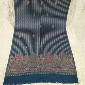 Multicolor Design on Darker Blue Background Pashmina Shawl Available in Dark Red, Black, Yellowish-White, and Green