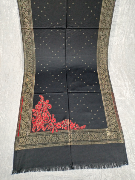 Red and Gold Design on Black Background Pashmina Shawl Available in Darkest Purple, Orange, Beige-Blue-Gray, Red, Light Blue, Pink, and Dark Red