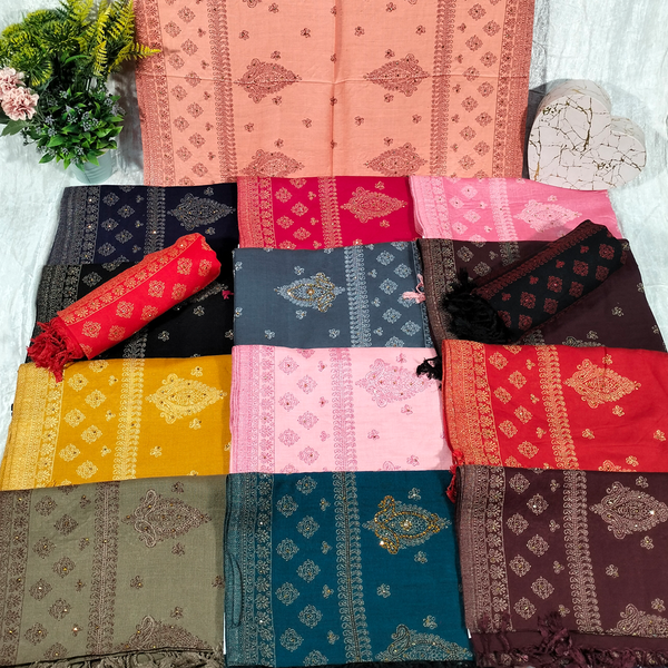 Orangish-Pink Background with Orange-Pink Design Pashmina Shawl Available in Darkest Blue, Fluorescent Red, Fuchsia Pink, Black, Blue-Gray, Maroon, Yellow, Pink, Red, Beige-Green, Darker Blue, and Dark Purple