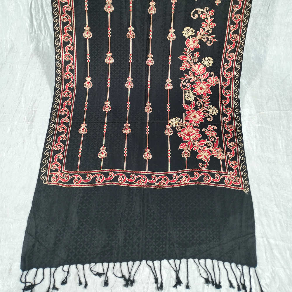 Pink Rectangle Design On Black Background Pashmina Shawl Available in Maroon, Green, Red, and White