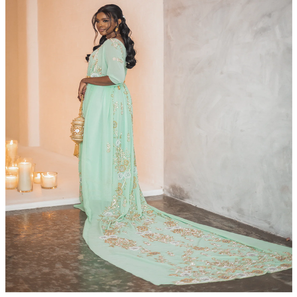 Tranquil Sea Green Heavy Golden Stone Beaded Bridal Women Wedding Dirac Set