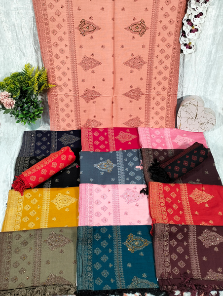 Orangish-Pink Background with Orange-Pink Design Pashmina Shawl Available in Darkest Blue, Fluorescent Red, Fuchsia Pink, Black, Blue-Gray, Maroon, Yellow, Pink, Red, Beige-Green, Darker Blue, and Dark Purple