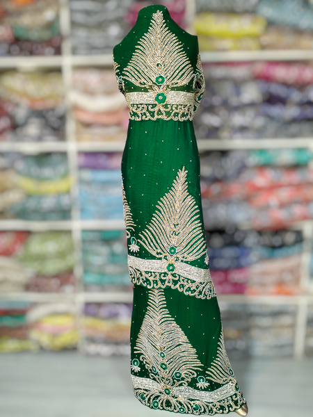 Dark Green Raw Silk Fabric African George Hand Beaded Nigerian Wrappers Fabric For Wedding