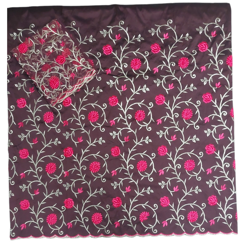 Nigerian Wrapper With Silver Thread Embroidery With Floral Design George Fabric