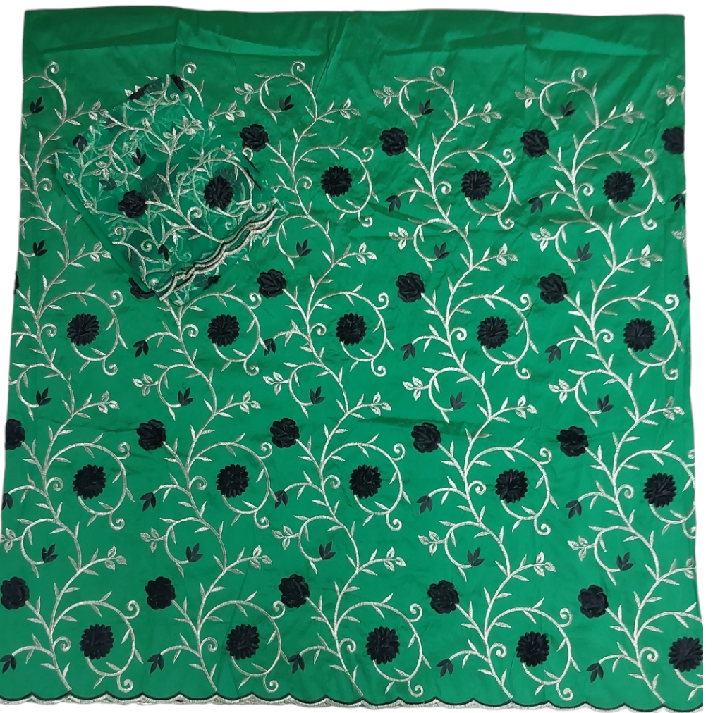 Nigerian Wrapper With Silver Thread Embroidery With Floral Design George Fabric