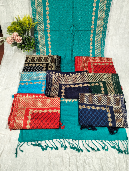 Rectangle Design Blue-Green Background Pashmina Shawl Available in Black, Red, Light Blue, Darkest Blue, Dark Green, Fluorescent Red, and Darker Blue