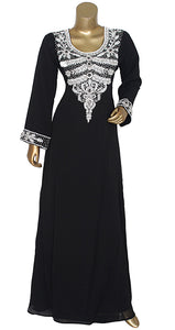 Black Chiffon Heavy Pearl And Stone Embroidered Women's Kaftan Maxi Long Dress Wear