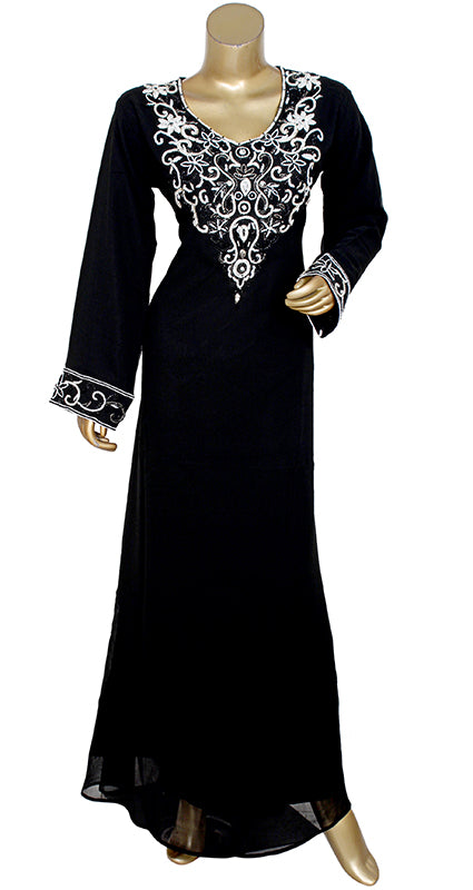 Black Heavy Stone Beaded V-Neck Design Women Kaftan Party Wear Long Dress Maxi