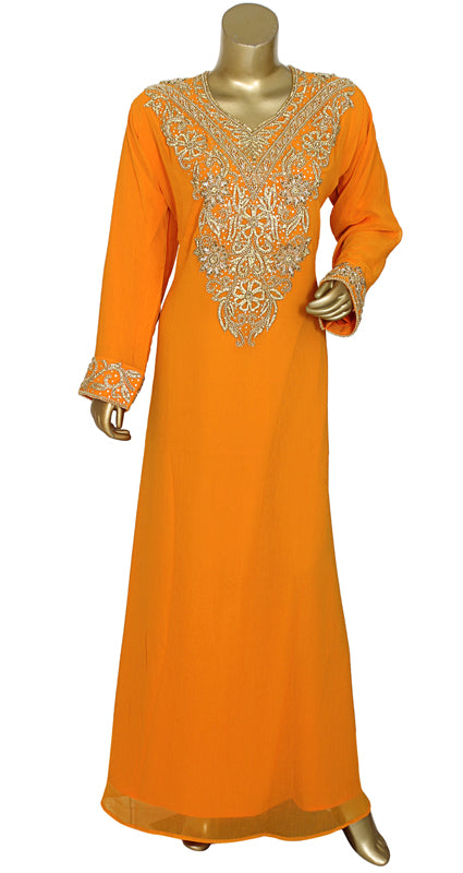 Dubai Style Handmade Chiffon Kaftan With Gold Embroidery Womens Party Dress