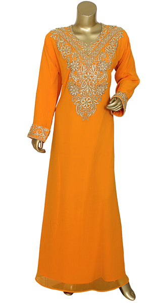 Dubai Style Handmade Chiffon Kaftan With Gold Embroidery Womens Party Dress