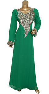 Dubai Style Womens Kaftan With Copper Golden Beads & Gold Crystal Work Party Dress Maxi