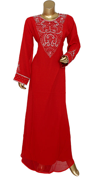 Red Chiffon Crystal Embroidered Kaftan Gown Dress Party Wear Dress For Women